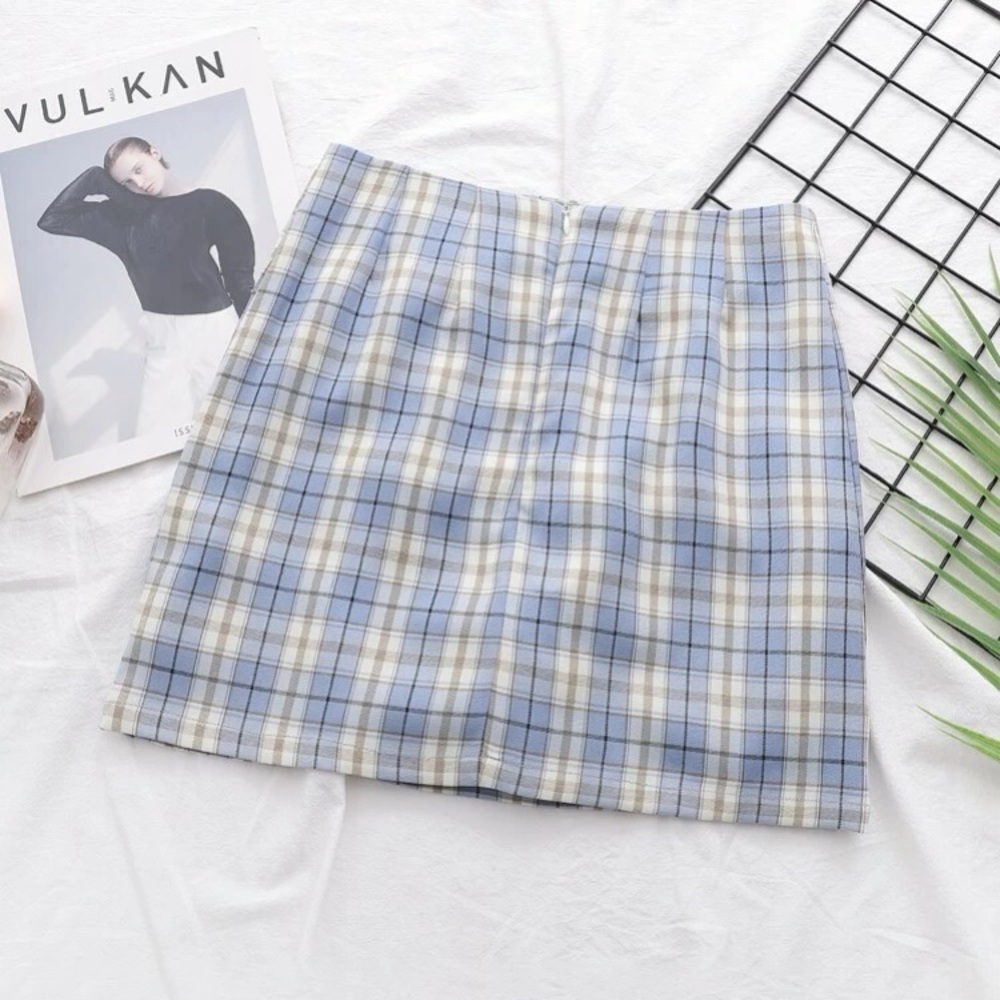 Tartan/Plaid/Checkered High Waist/Rise Slit Him Mini School Girl Skirt (SHEIN) - Picture 2 of 6